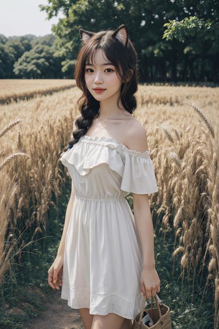 00216-4178159877-young 1girl with braided hair and fluffy cat ears, dressed in Off-Shoulder Sundress, standing in a rustic farm setting. She has.png